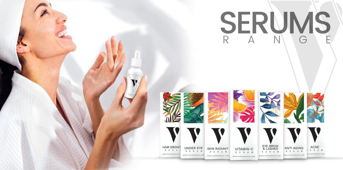 VCare Natural serums in Pakistan for glow, acne, under-eye and hair routines