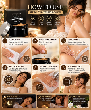 How to use VCARE Herbal Tightening Powder step by step for vaginal tightening care, including placing powder gently inside the vaginal opening, waiting 30 minutes and washing after useویجائنا ٹائٹننگ پاؤڈر - 25 گرام
