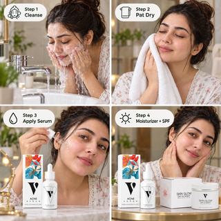 How to use VCARE Natural Acne Serum 30ml in four steps with Pakistani woman: cleanse, pat dry, apply serum, then moisturize with VCARE Skin Glow Day & Night Creamایکنی کیئر سیرم - 30ml