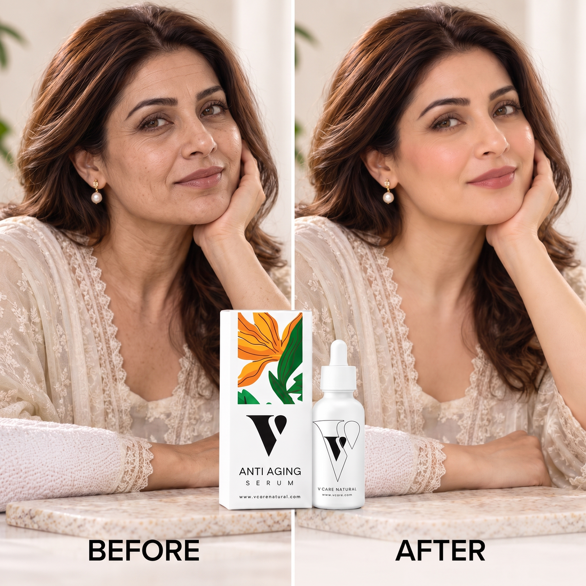 VCARE Natural Anti-Aging Serum 30ml before and after UGC with Pakistani woman showing smoother, hydrated-looking and fresher-looking skin