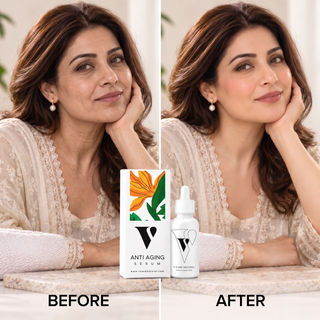 VCARE Natural Anti-Aging Serum 30ml before and after UGC with Pakistani woman showing smoother, hydrated-looking and fresher-looking skinاینٹی ایجنگ سیرم - 30ml