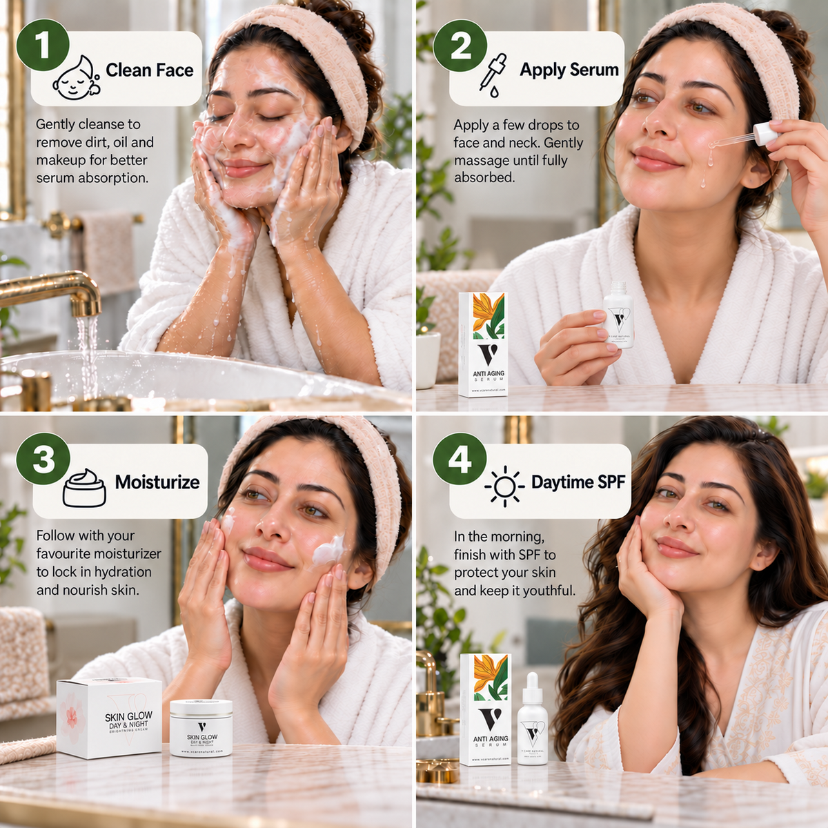 How to use VCARE Natural Anti-Aging Serum 30ml in four steps with Pakistani woman: cleanse, apply serum, moisturize with VCARE Skin Glow Day/Night Cream, and use daytime SPFاینٹی ایجنگ سیرم - 30ml
