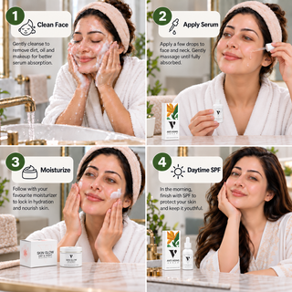 How to use VCARE Natural Anti-Aging Serum 30ml in four steps with Pakistani woman: cleanse, apply serum, moisturize with VCARE Skin Glow Day/Night Cream, and use daytime SPFاینٹی ایجنگ سیرم - 30ml