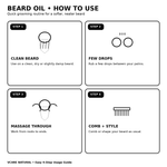 How to use VCARE Natural Herbal Beard Oil 30ml in four steps: clean beard, use a few drops, massage through, comb and style