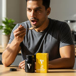 Preparing herbal energy boost powder with water
