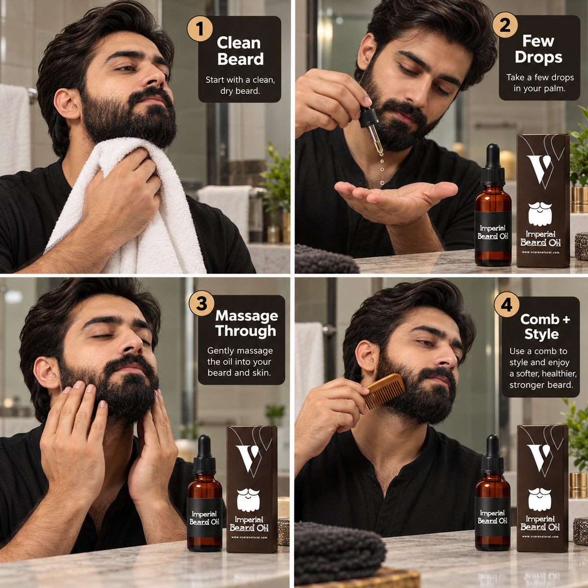 How to use VCARE Natural Imperial Beard Oil in 4 steps with Pakistani man: clean beard, apply a few drops, massage through beard and skin, then comb and styleBeard Oil Herbal For Men - 30ml
