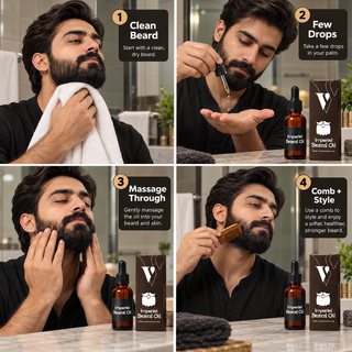 How to use VCARE Natural Imperial Beard Oil in 4 steps with Pakistani man: clean beard, apply a few drops, massage through beard and skin, then comb and styleBeard Oil Herbal For Men - 30ml