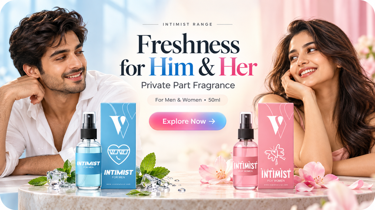 VCARE Natural Intimist private part fragrance banner featuring Intimist for Men 50ml and Intimist for Women 50ml.