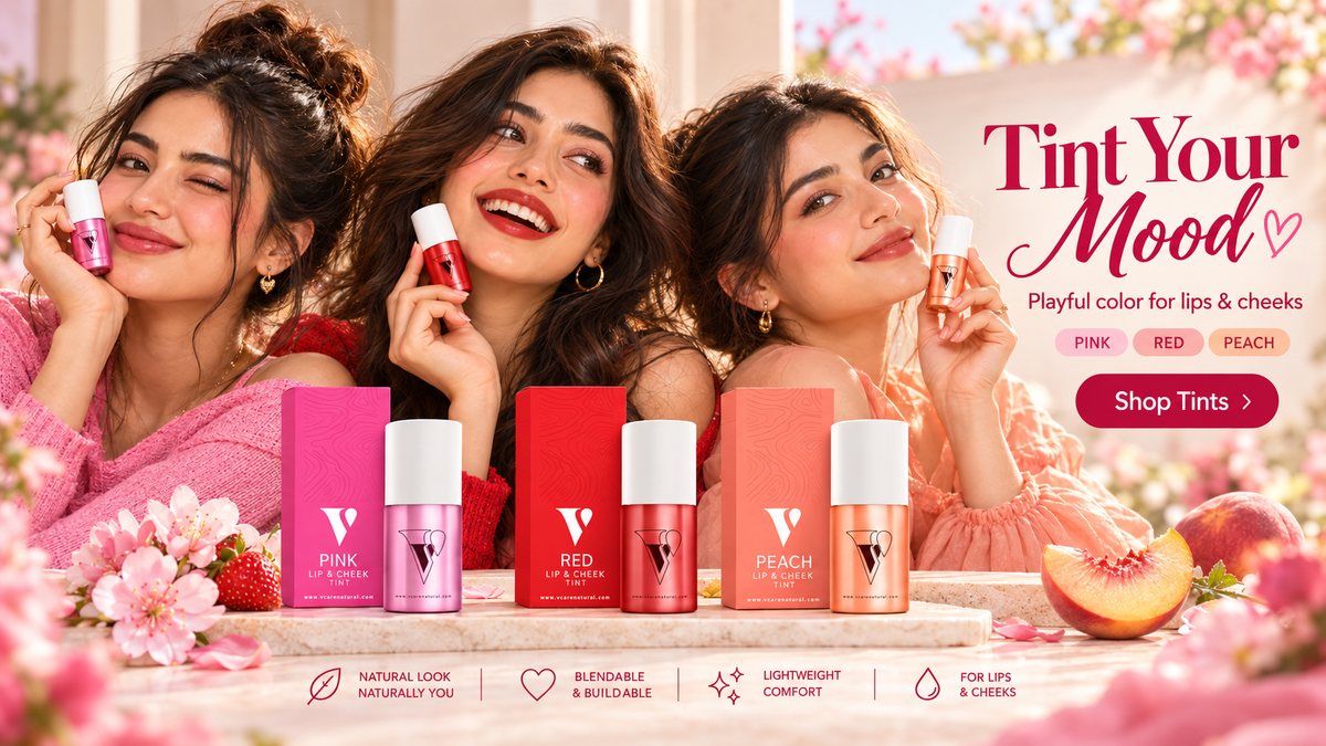 VCARE Natural Lip & Cheek Tints banner featuring Pink, Red and Peach shades for lips and cheeks.
