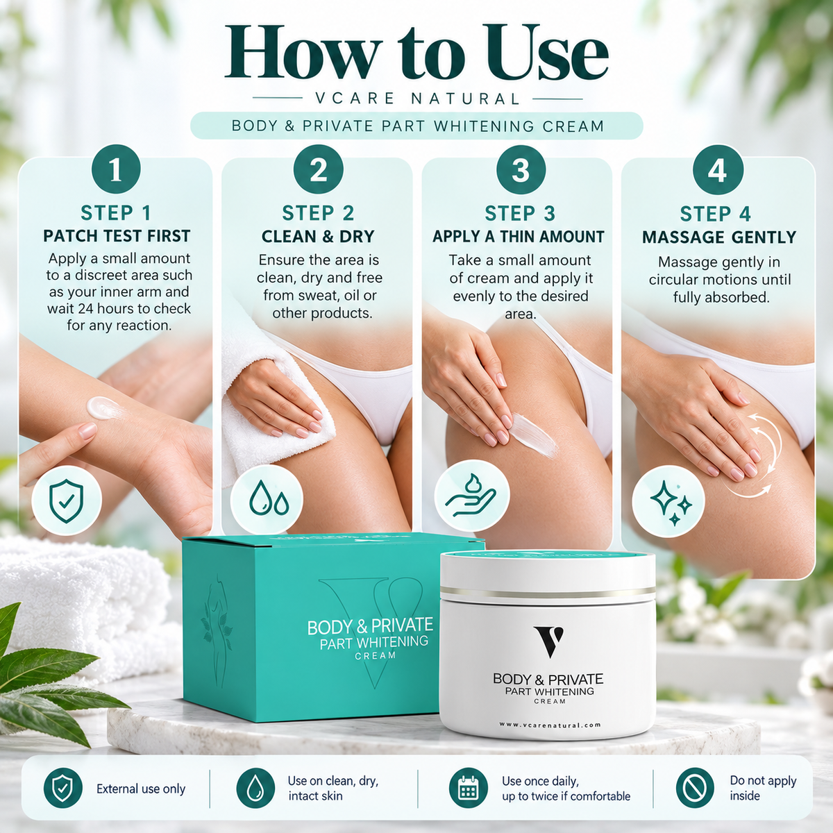 How to use VCARE Natural Private Part Whitening Cream 30gm on clean, dry external skin for intimate-area, inner-thigh and dark-area care in Pakistanپرائیویٹ پارٹ وائٹننگ کریم - 30 گرام