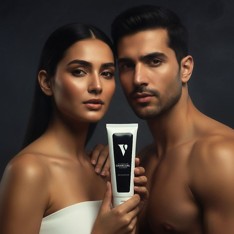 VCARE Natural Charcoal Facewash & Scrub - 75ml – lifestyle view in Pakistan